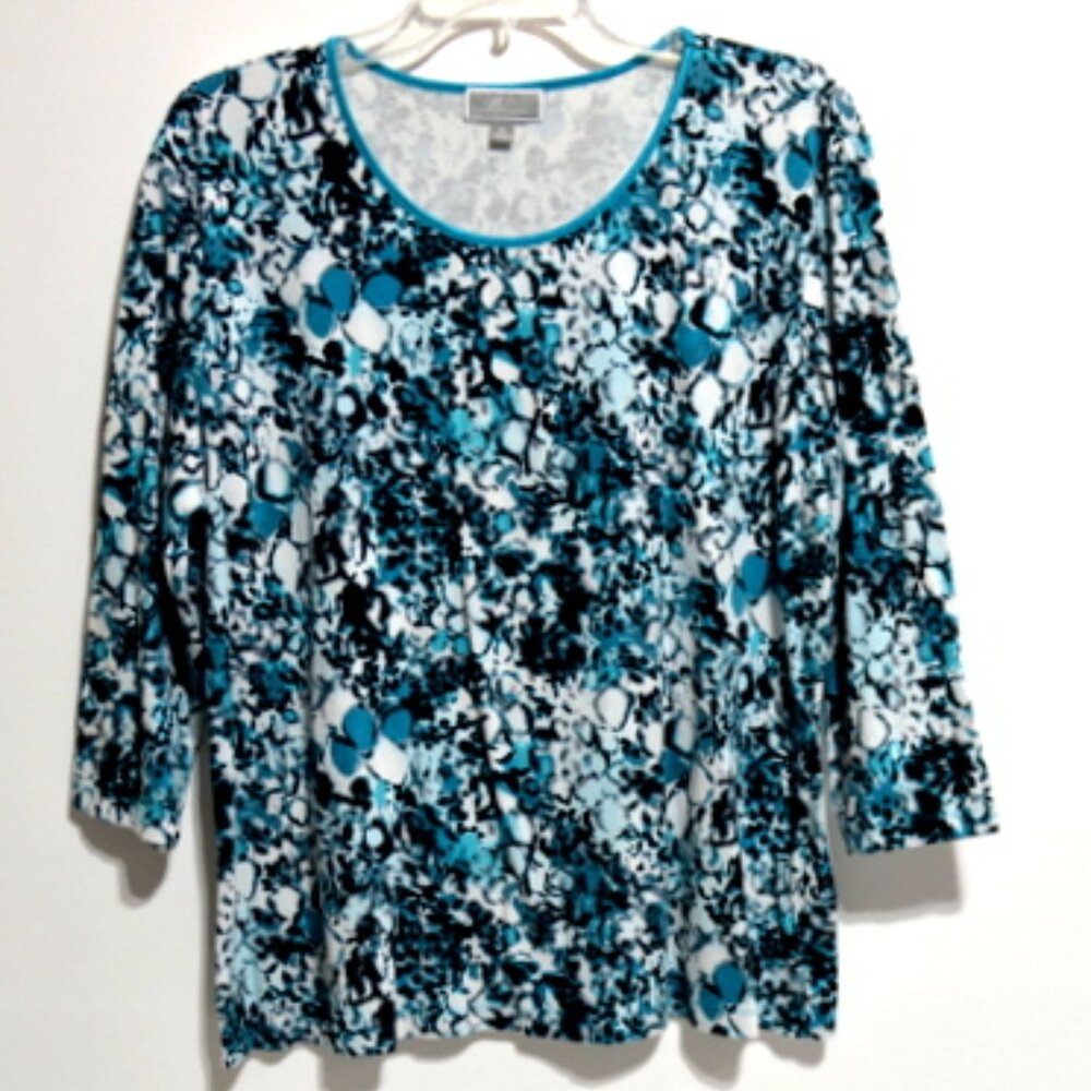 JM Collection Women's Blue, Black & White Animal Print 3/4 Sleeve Top – Size: XL